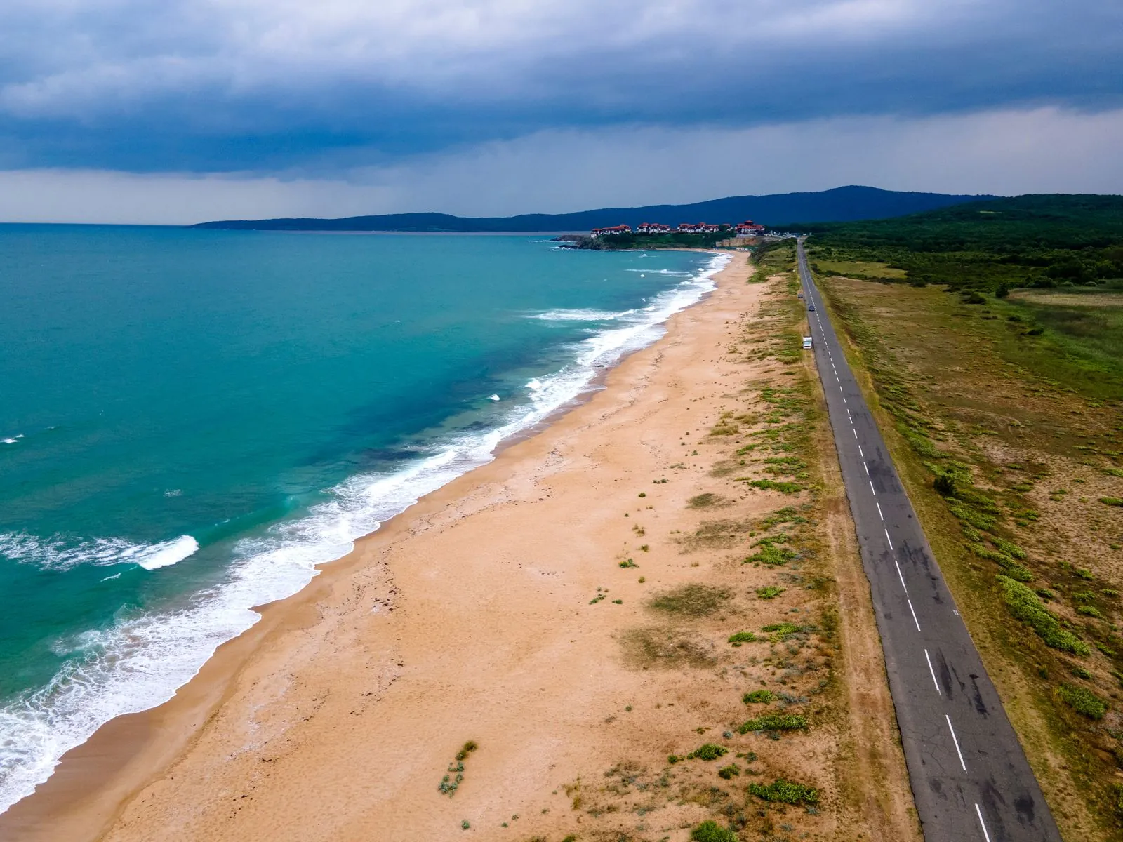 Aerial view of Dyuni beach and the coastal road, Bulgaria. Photo by Denitsa Kireva.