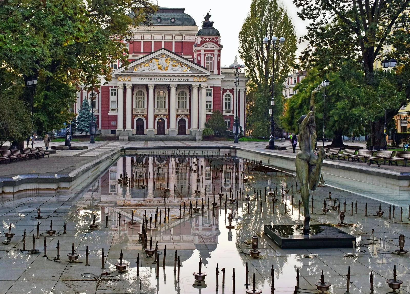 Ivan Vazov National Theatre reflected in a fountain pool, Sofia. Photo by Jocelyn Erskine-Kellie.