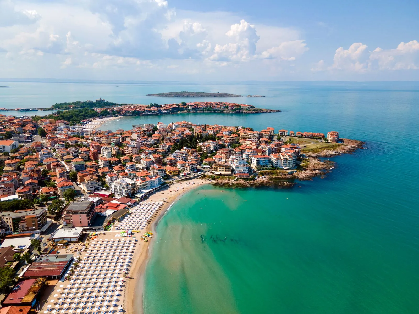 Aerial view of the Sozopol coastline, beaches and old town, Bulgaria. Photo by Denitsa Kireva.