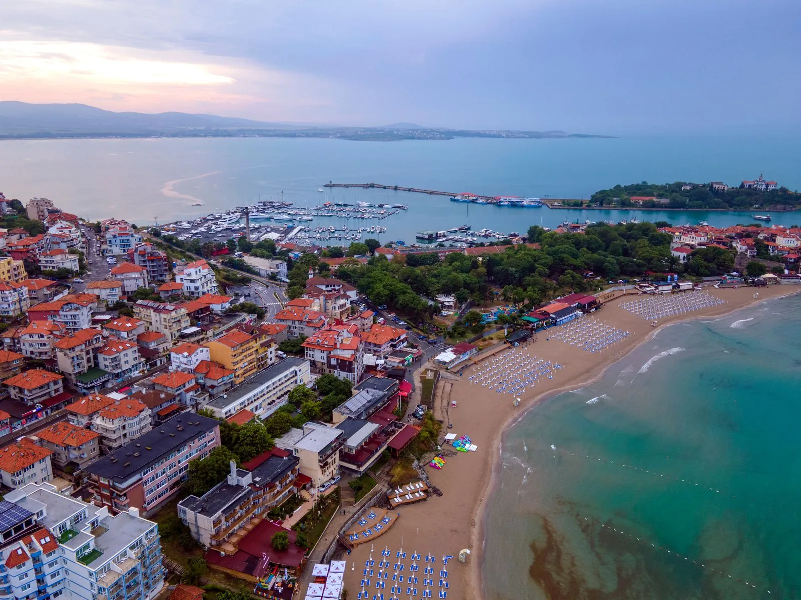 Aerial view of Sozopol town and beach at dawn, Bulgaria. Photo by Denitsa Kireva.