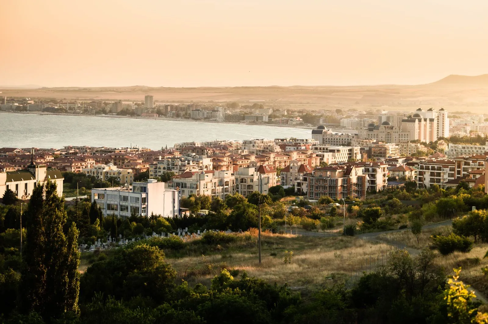 Sunny Beach resort skyline and Black Sea bay at sunset, Bulgaria. Photo by Dovydas Pranka.